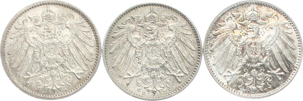  Kaiserreich: Lot von 3 x 1 Mark in Silber, 16.6 gr. brutto, 15 gr. Fein!!   