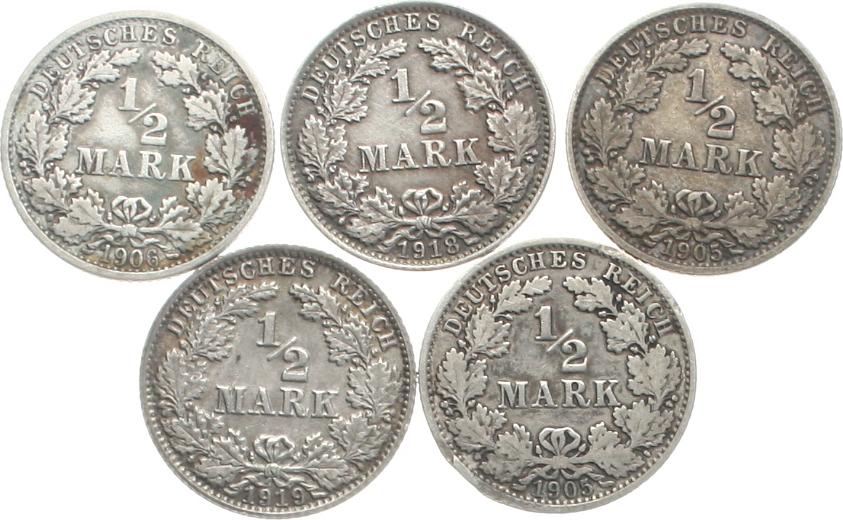  Kaiserreich: Lot von 5 x 1/2 Mark in Silber, 13,85 gr. brutto, 12,5 gr. Fein!! versch. Jahre!   