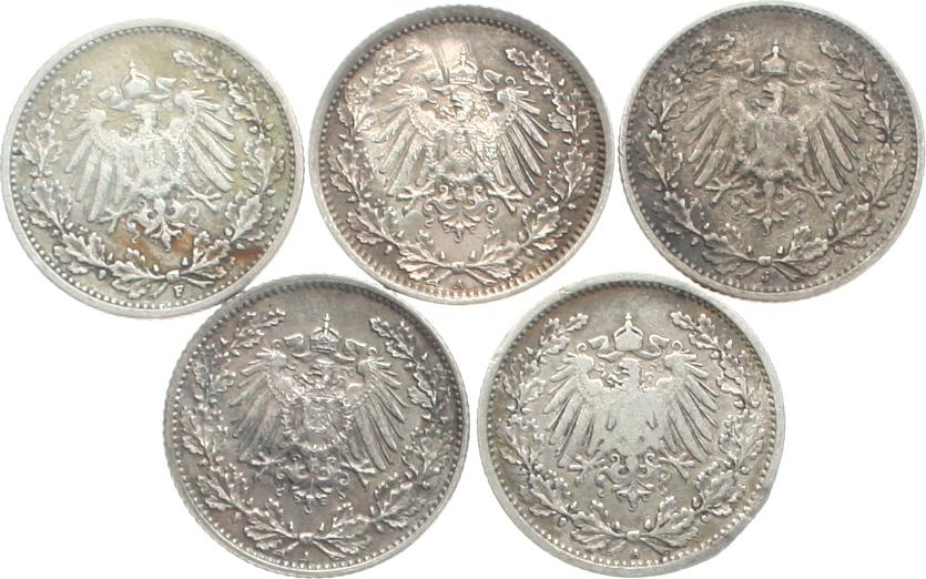  Kaiserreich: Lot von 5 x 1/2 Mark in Silber, 13,85 gr. brutto, 12,5 gr. Fein!! versch. Jahre!   