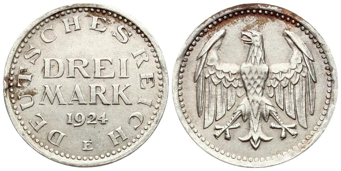  Weimarer Republik: 3 Mark 1924 E, Kursmünze, schöne Patina!   