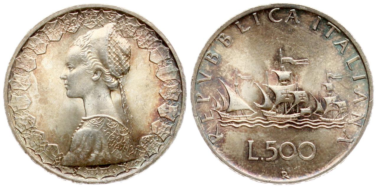  Italien: 500 Lire 1958, herrliche Patina, Silber,   