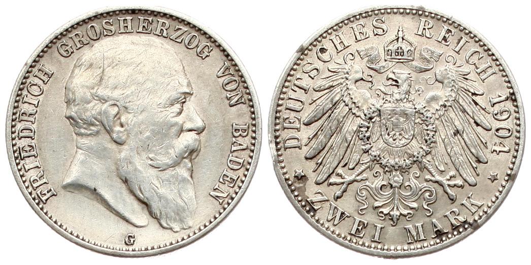  Kaiserreich, Baden: Friedrich, 2 Mark 1904, schöne Patina!   