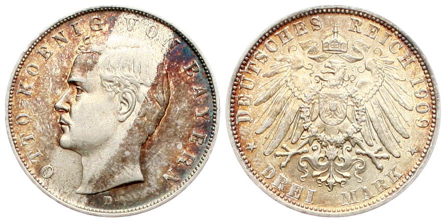  Kaiserreich, Bayern: Otto, 3 Mark 1909, Silber, schöne Patina! siehe Bilder!   