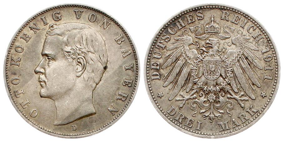  Kaiserreich, Bayern: Otto, 3 Mark 1911, Silber, schöne Patina! siehe Bilder!   