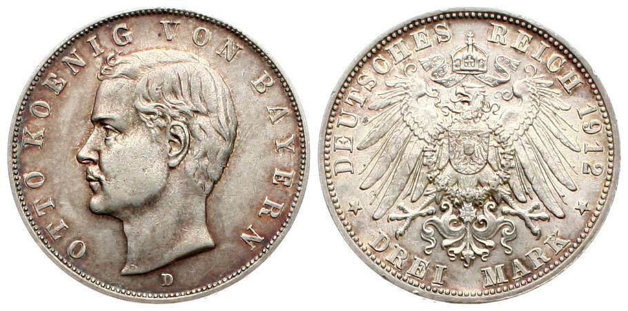  Kaiserreich, Bayern: Otto, 3 Mark 1912, Silber, schöne Patina! siehe Bilder!   
