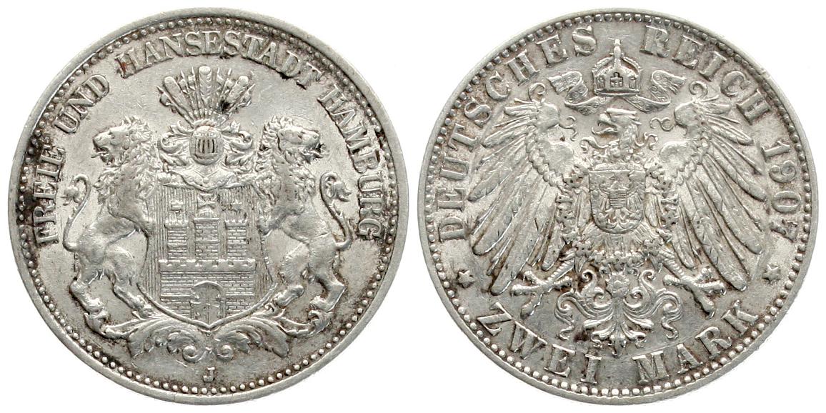  Hamburg: 2 Mark 1907, schöne Silberpatina!   