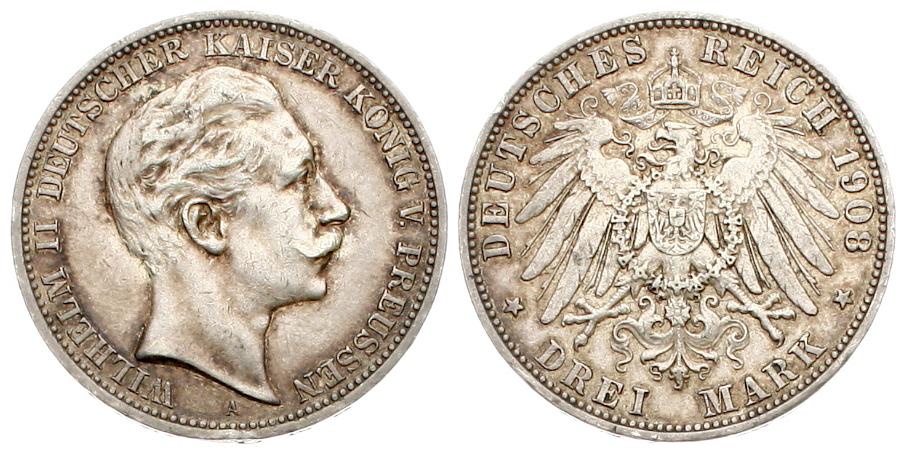  Preussen: Wilhelm II., 3 Mark 1908, schöne Patina!   