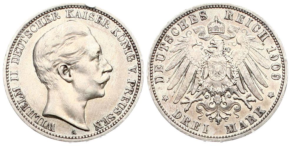  Preussen: Wilhelm II., 3 Mark 1909, schöne Patina!   