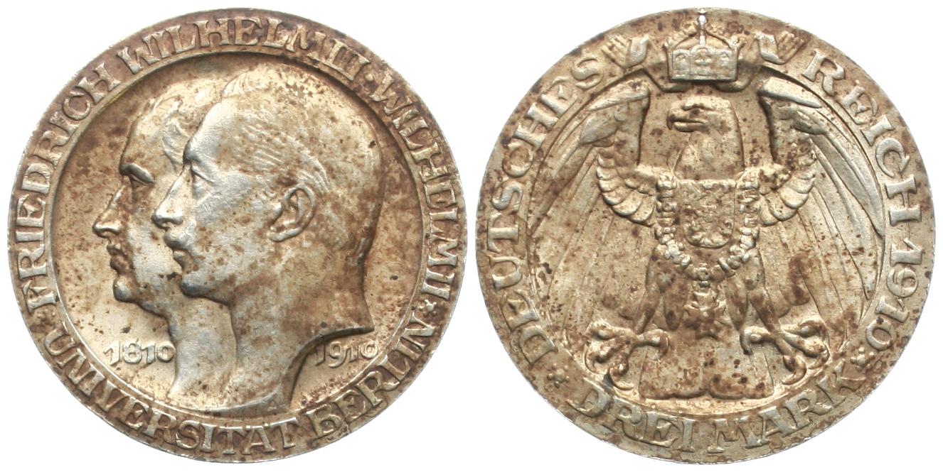 Preussen: 3 Mark 1910, Wilhelm II, 100 Jahre Universität Berlin   