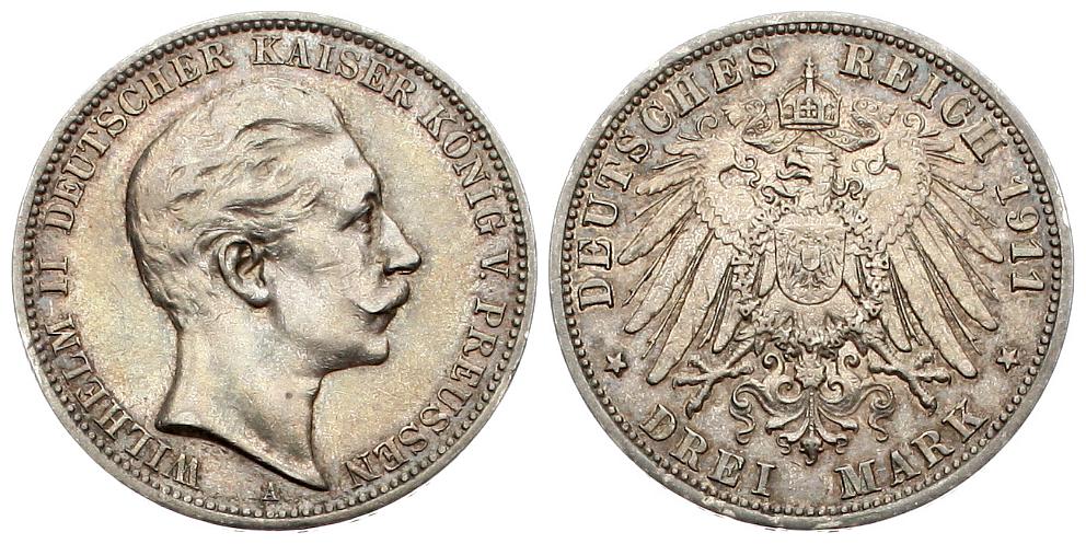  Preussen: Wilhelm II., 3 Mark 1911 A   
