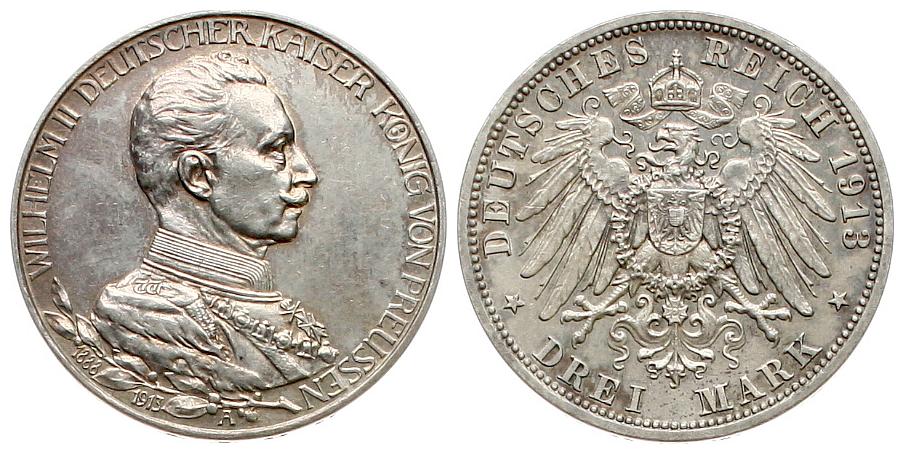  Preussen: Wilhelm II., 3 Mark 1913 A, Regierungsjubliäum, schöne Patina!   