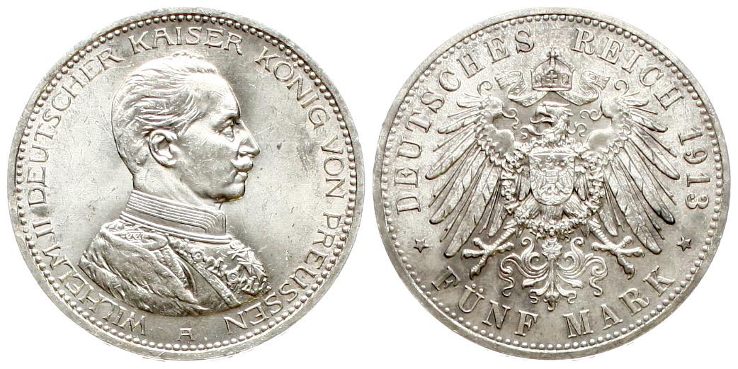  Preussen: Wilhelm II., 5 Mark 1913 A, in Gard du Corps Uniform, Top-Erhaltung!   