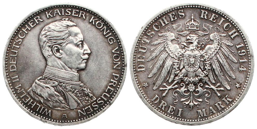  Preussen: Wilhelm II., 3 Mark 1914 A, schöne Patina!   