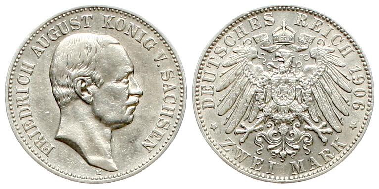  Sachsen: Friedrich August III., 2 Mark 1906, Silber!   