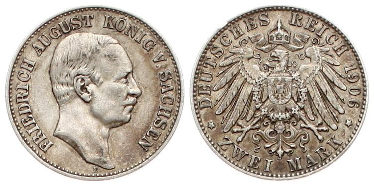  Sachsen: Friedrich August III., 2 Mark 1906, Silber!   