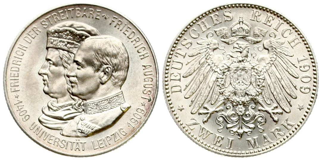  Sachsen: Friedrich August III., 2 Mark 1909, 500 Jahre Universität Leipzig, TOP-Exemplar!   