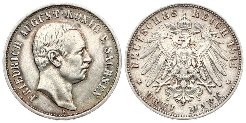  Sachsen: Friedrich August III., 3 Mark 1911 E, Silber!   