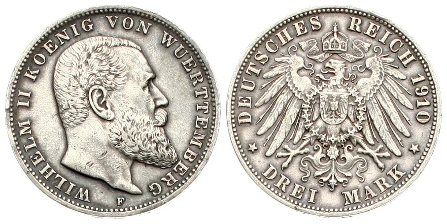  Württemberg: Wilhelm II, 3 Mark 1911, Silber, schöne Patina!   