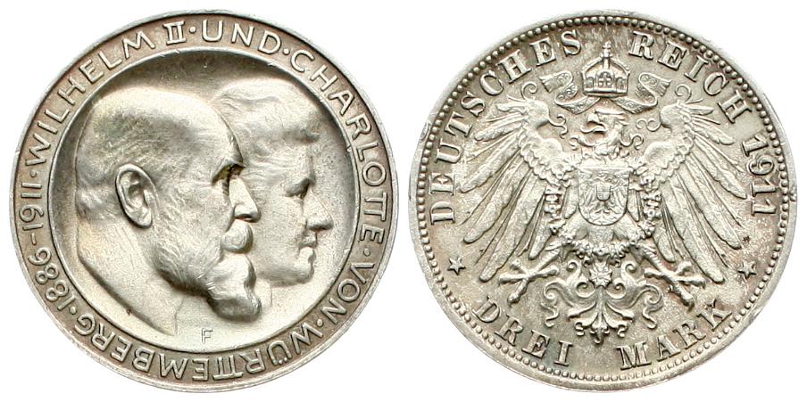  Württemberg:  Wilhelm II. mit Charlotte von Schaumburg-Lippe, 3 Mark 1911, schöne Patina!   