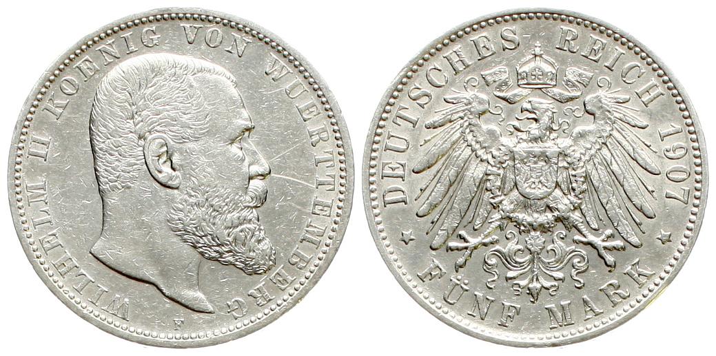  Württemberg: Wilhelm II, 5 Mark 1907, Silber!   