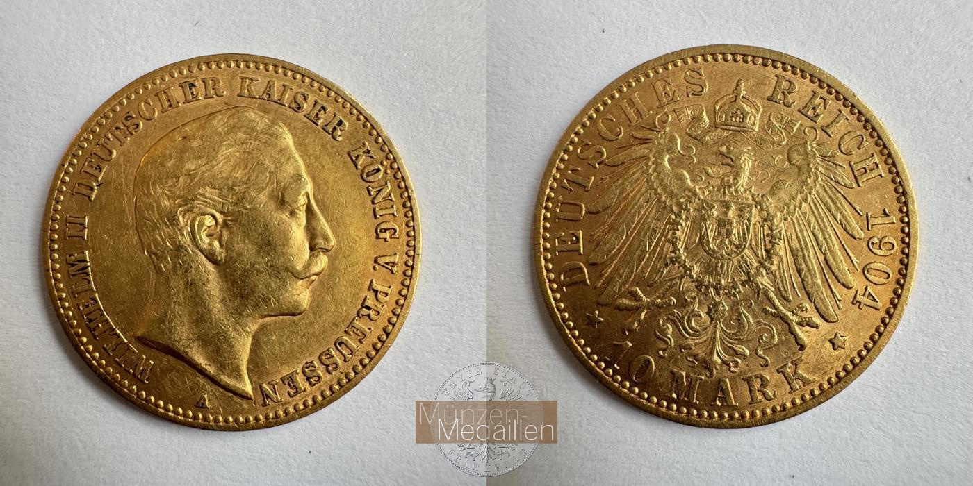 Dt. Kaiserreich Preussen, Wilhelm II MM-Frankfurt KM#520 Feingold: 3,58g 10 Mark (1890-1912) 1904 A 