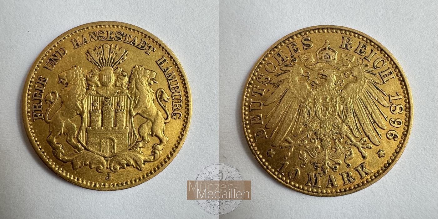 Deutsches Kaiserreich, Hamburg MM-Frankfurt KM#608 Feingold: 3,58g 10 Mark 1896 'J' 