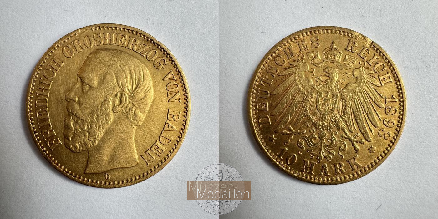 Baden  10 Mark MM-Frankfurt KM#267 Feingold:  3,58g Friedrich I. 1893 G 