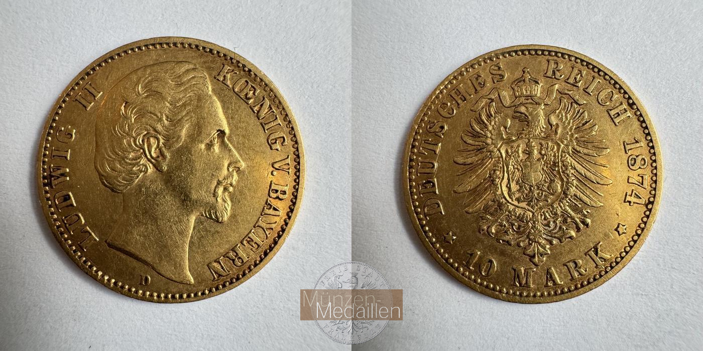 Bayern, Kaiserreich  10 Mark MM-Frankfurt KM#898 Feingold: 3,58g Ludwig II 1874 D 