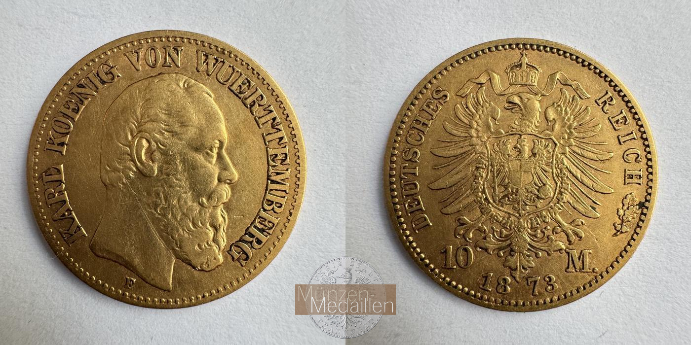  Dt. Reich Württemberg 10 Mark Charles I 1873 (1872-73) F MM-Frankfurt KM#621 Feingold: 3,584g   