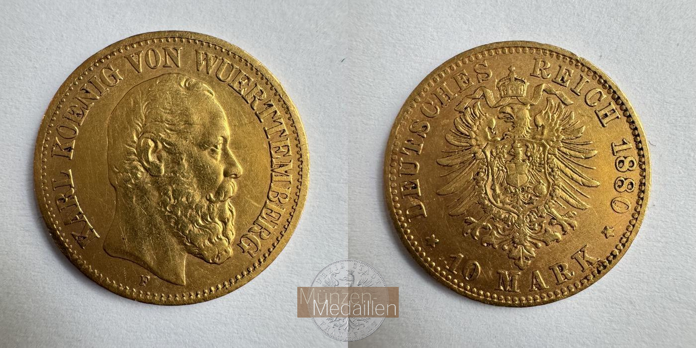 Deutsches Kaiserreich Württemberg, MM-Frankfurt KM#624 Feingold: 3,58g Karl I 10 Mark 1880 F 