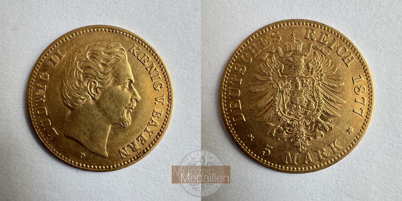  Dt. Reich Bayern 5 Mark Louis II 1877 D (1877-78) MM-Frankfurt KM#904 Feingold: 1,792g   