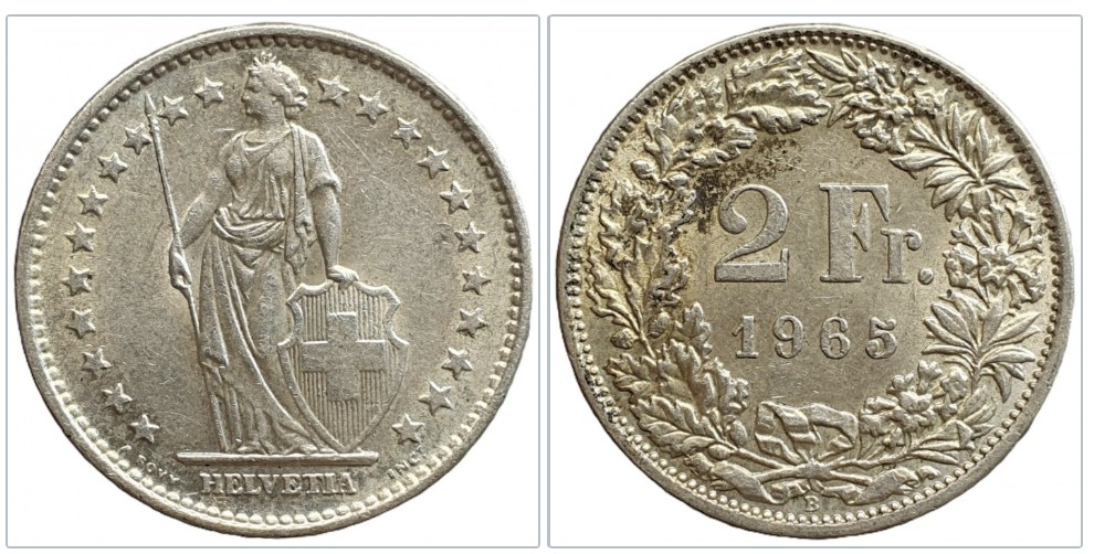  Schweiz 2 Franken 1965 Umlaufmünze Silber 8,35 Gramm fein   