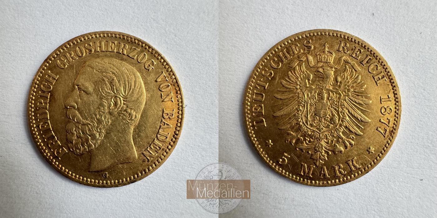  Dt. Reich Baden 5 Mark Frederick I 1877 G MM-Frankfurt KM#266 Feingold: 1,792g   