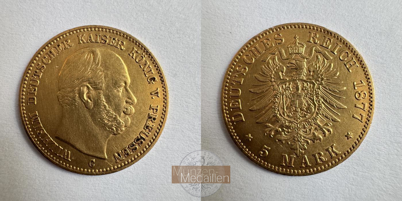 Preussen Kaiserreich, Wilhelm I MM-Frankfurt KM#507 Feingold: 1,79g 5 Mark (1877-1878) 1877 C 