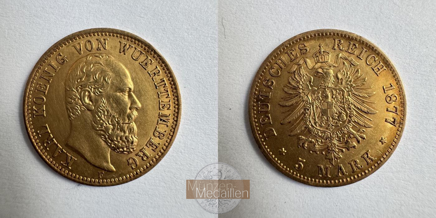  DR. Württemberg, Karl I.  5 Mark 1877 F  MM-Frankfurt KM#627 Feingold: 1,79g   
