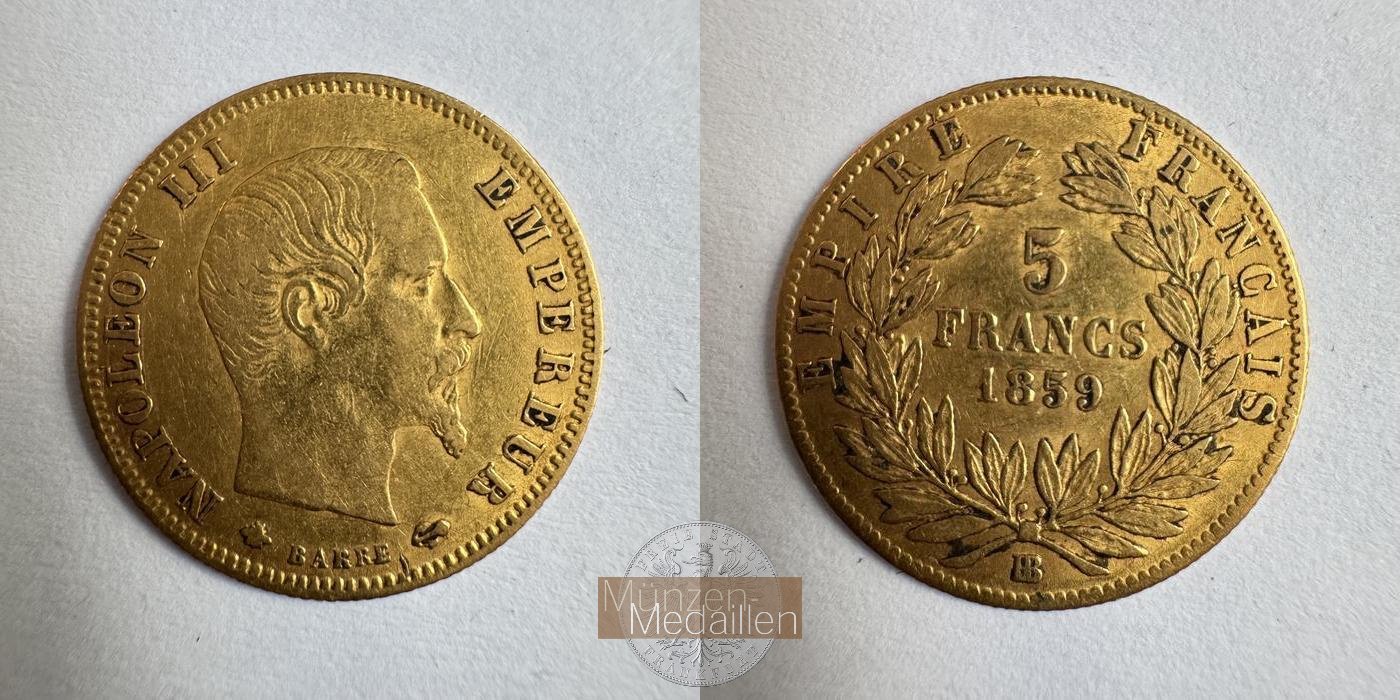  Frankreich 5 Francs Napoleon III 1859 (1855-1860) 'BB' MM-Frankfurt KM#787 Feingold: 1,45g   
