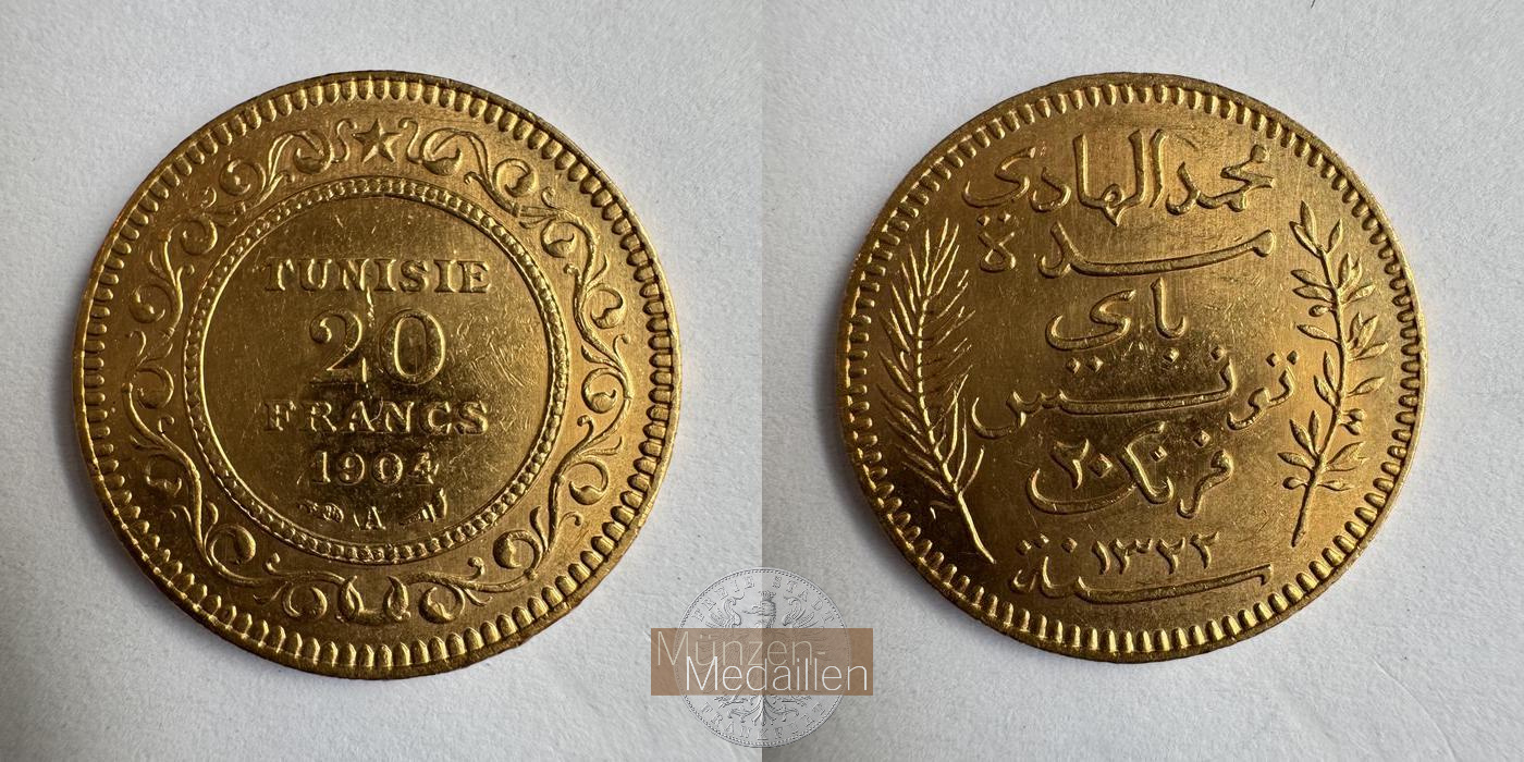 Tunesien (Französisches Protektorat) MM-Frankfurt KM#234 Feingold: 5,81g 20 Francs 1904 A 