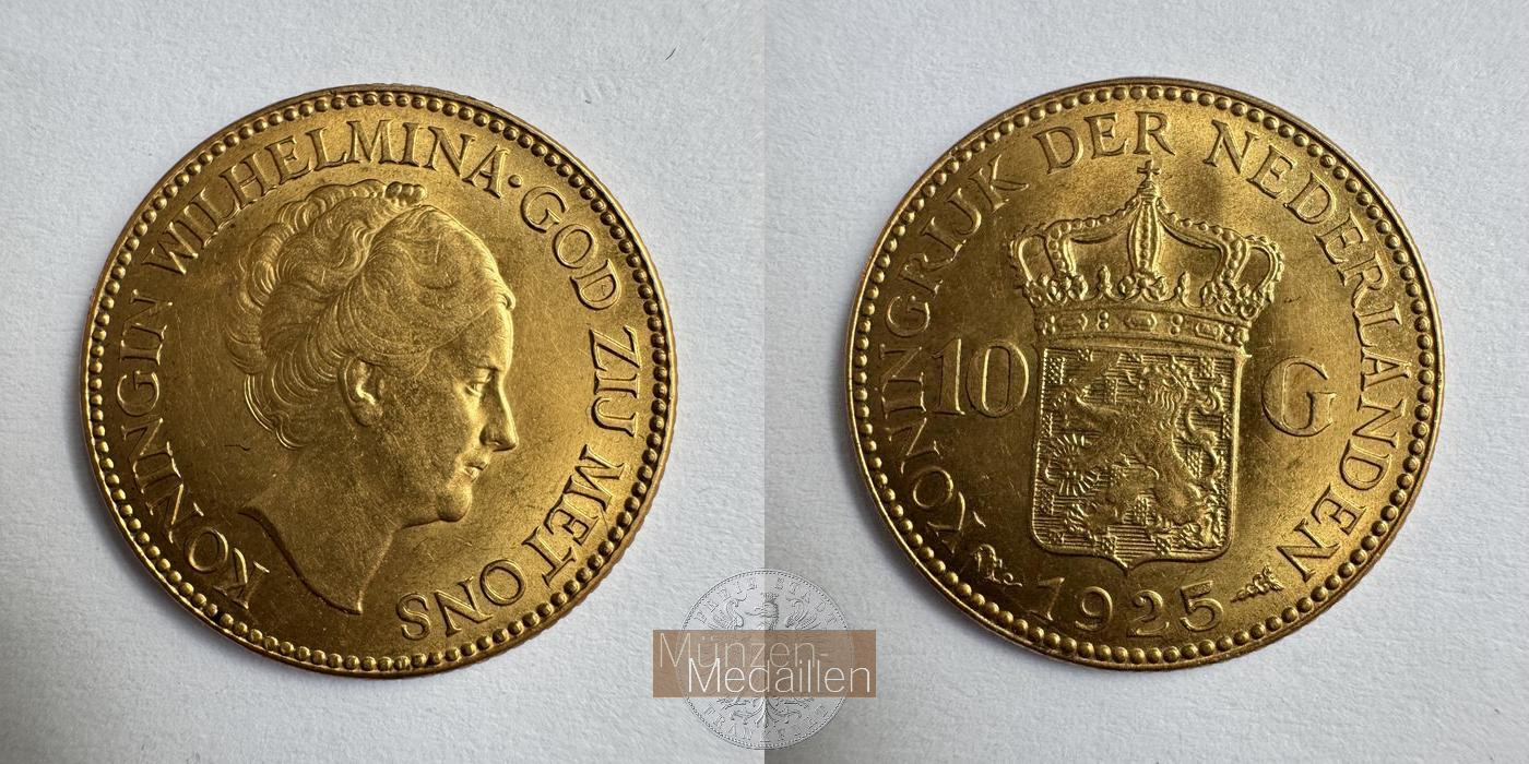 Niederlande, Wilhelmina I MM-Frankfurt KM#162 Feingold: 6,05g 10 Gulden (1925-1933) 1925 