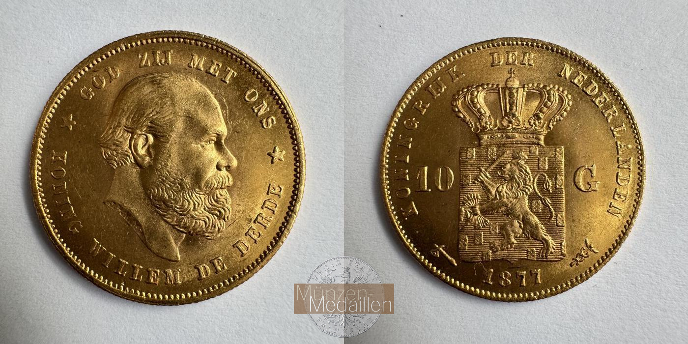 Niederlande, Willem III. MM-Frankfurt KM#106 Feingold: 6,06g 10 Gulden (1876-1889) 1877 