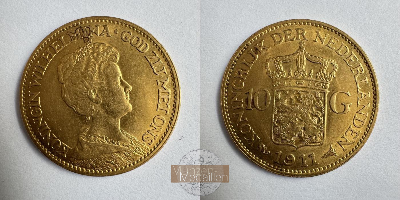 Niederlande, Wilhelmina I MM-Frankfurt KM#149 Feingold: 6,05g 10 Gulden (1911-1917) 1911 