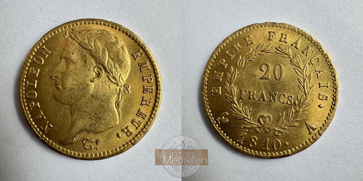 Frankreich, Napoleon I MM-Frankfurt KM#695 Feingold: 5,81g 20 Francs (1807-1808) 1810 A 