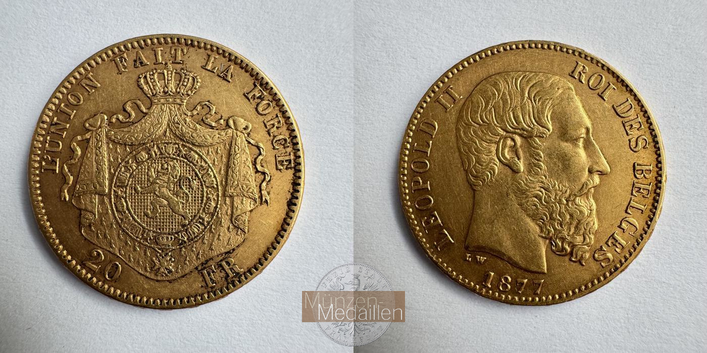 Belgien, Leopold II MM-Frankfurt KM#37 Feingold: 5,81g 20 Francs (1870-1882) 1877 