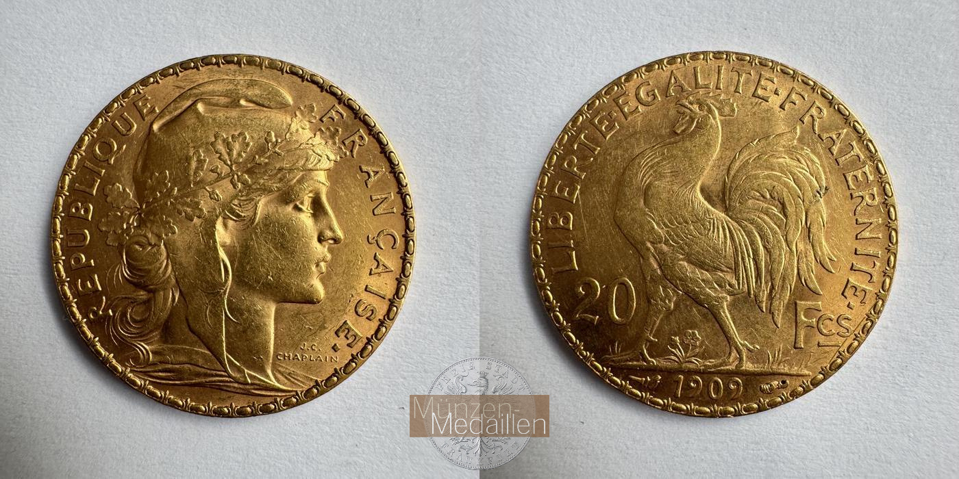  Republik Frankreich, 20 Francs 1909 (1907-1914) MM-Frankfurt KM#857 Feingold: 5,81g   