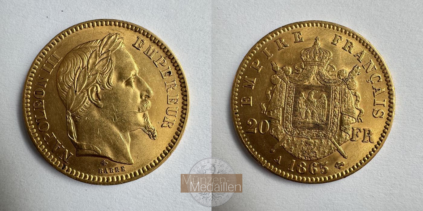 Frankreich Napoleon III MM-Frankfurt KM#801 Feingold: 5,81g 20 Francs (1861-1870) 1865 A 