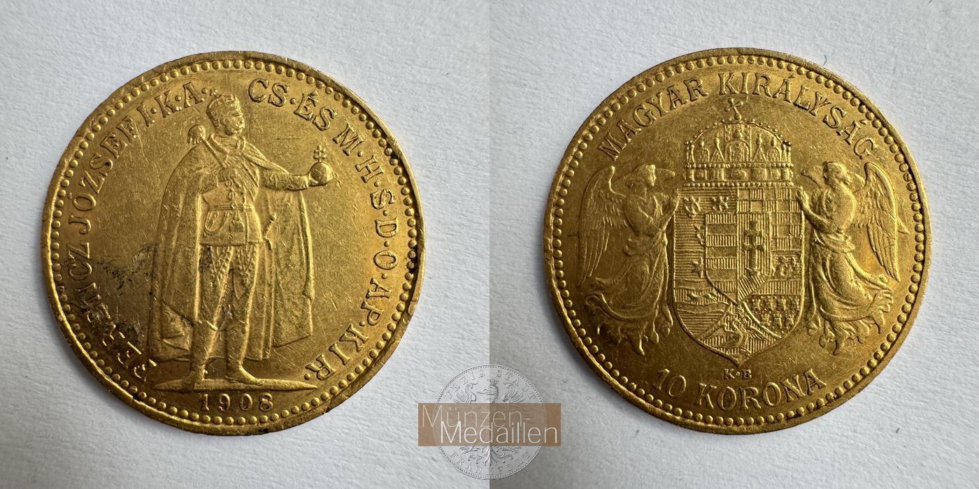 Ungarn, Franz Joseph I (1848-1916) MM-Frankfurt KM#485 Feingold: 3,05g 10 Korona 1908 