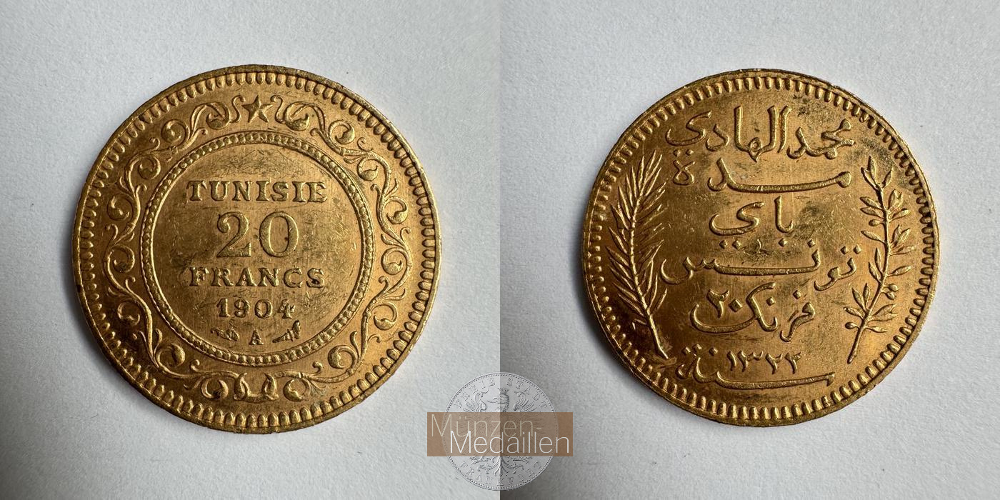 Tunesien (Französisches Protektorat) MM-Frankfurt KM#234 Feingold: 5,81g 20 Francs 1904 A 