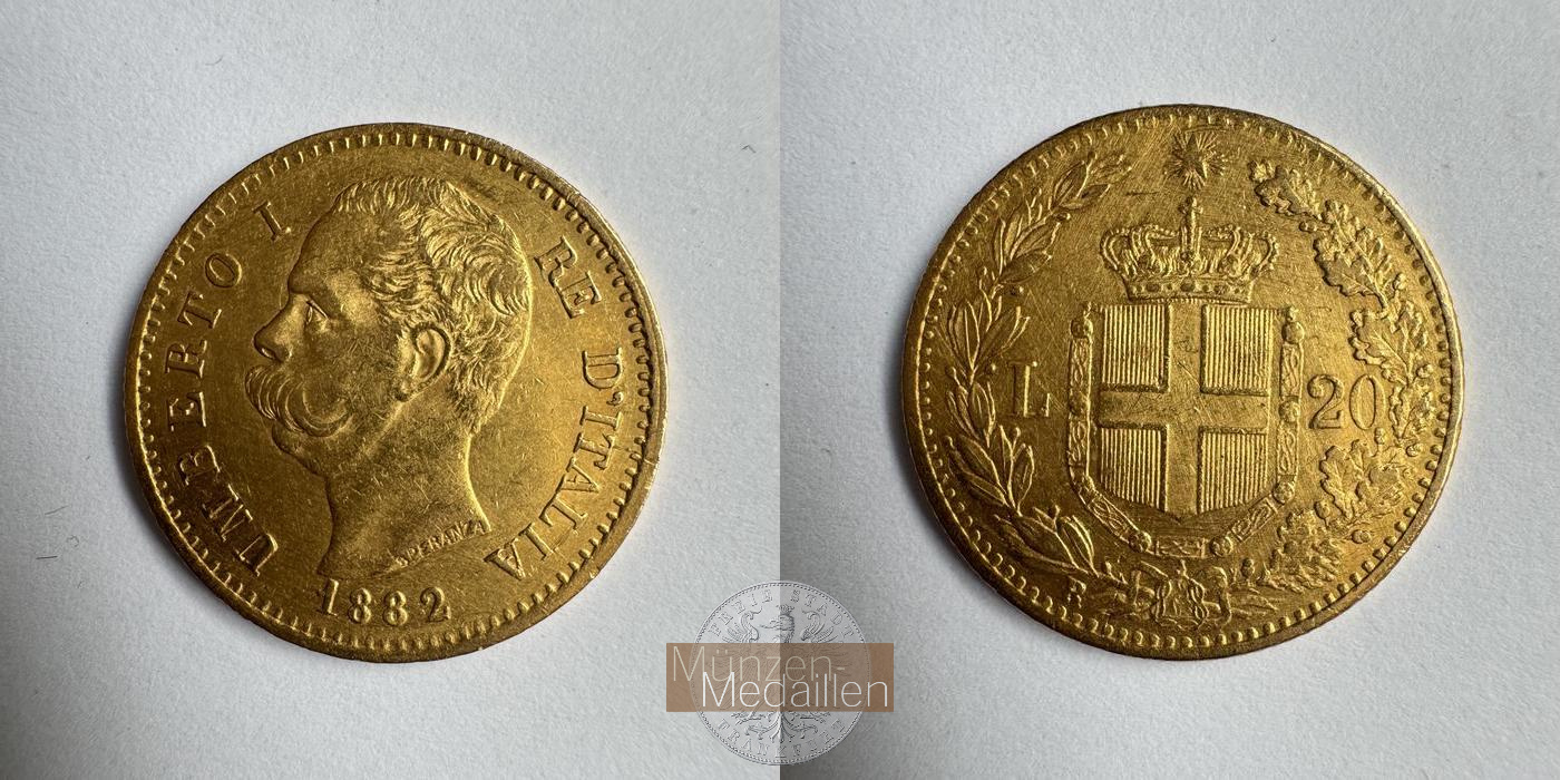 Italien, Umberto I MM-Frankfurt KM#21 Feingold: 5,81g 20 Lire (1879-1897) 1882 R 