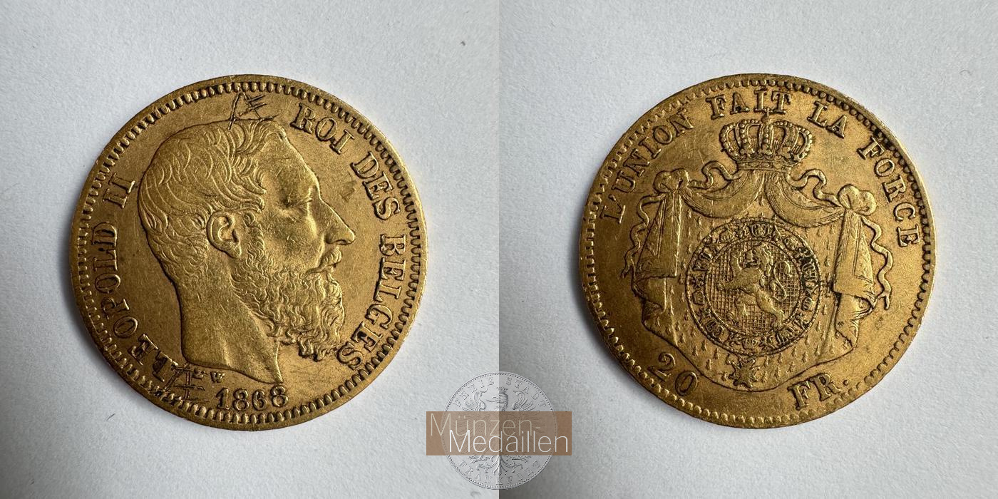Belgien, Leopold II MM-Frankfurt KM#32 Feingold: 5,81g 20 Francs (1867-1870) 1868 