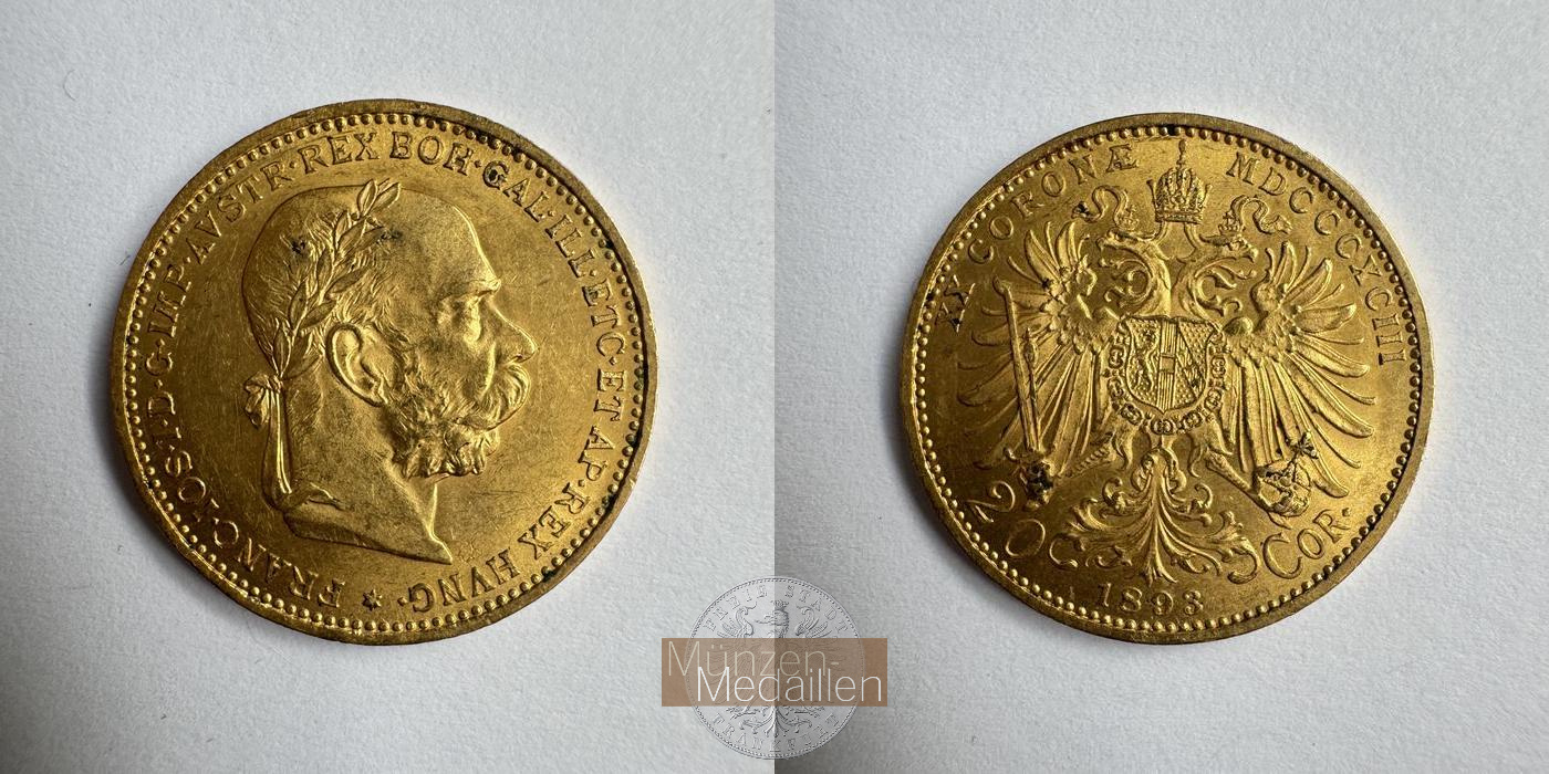 Österreich, Franz Joseph I MM-Frankfurt KM#2806 Feingold: 6,10g 20 Kronen (1892-1905) 1893 