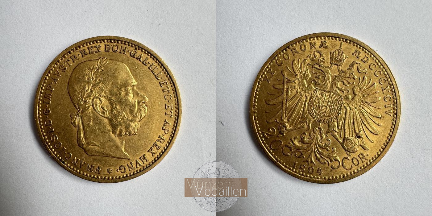 Österreich, Franz Joseph I MM-Frankfurt KM#2806 Feingold: 6,10g 20 Kronen (1892-1905) 1894 